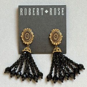 VINTAGE ROBERT ROSE Earrings Victorian Black Beaded Dangling Clip
